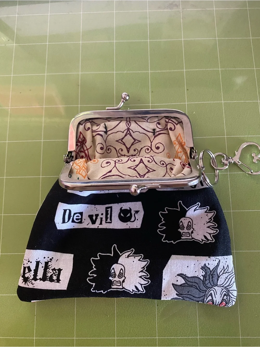 Handmade Cruella Black Coin Purse with heartshaped keyring